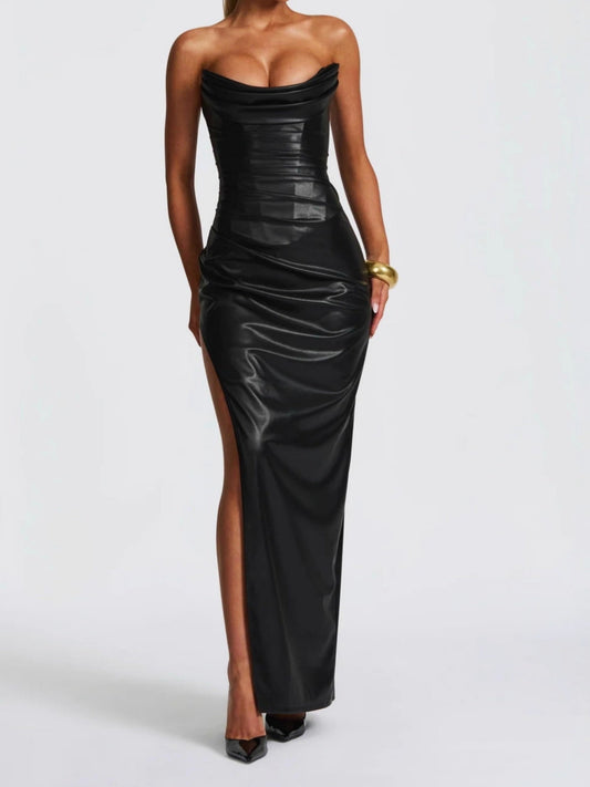 Back Strap Strapless Side Fork Maxi Dresses