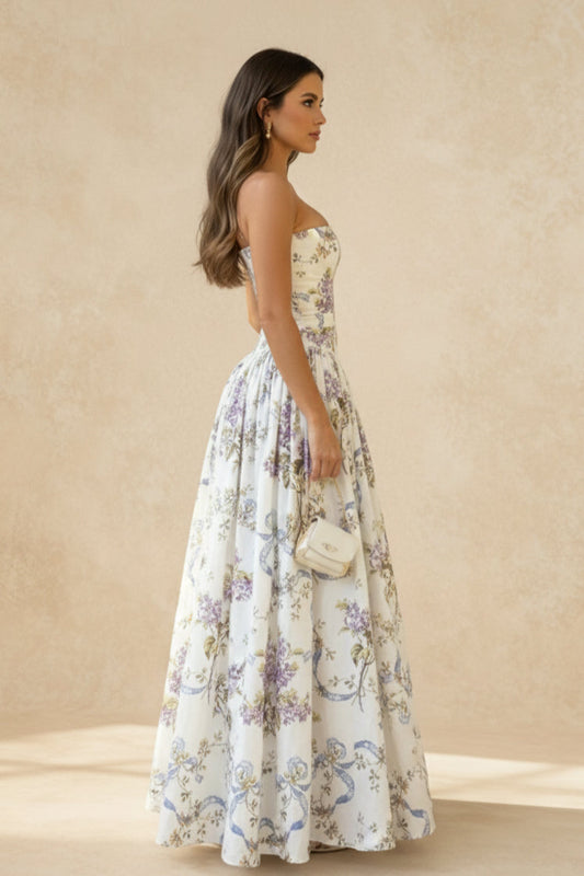 Rayon Printed Strap Pleated Chic Maxi Dress