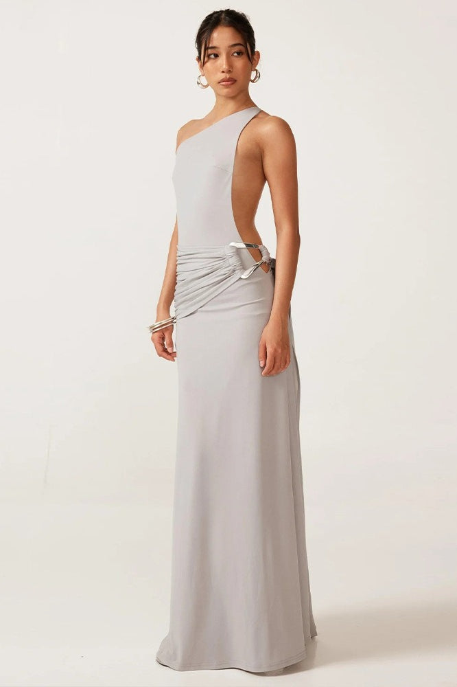 | Backless Bodycon Maxi Dress with Metal Detail