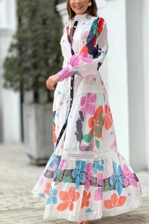 Floral Print Button Front Puff Sleeve Lace Insert Tiered Maxi Dress