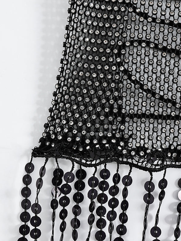 See Through Rhinestone Tassel Hem Bandeau Top