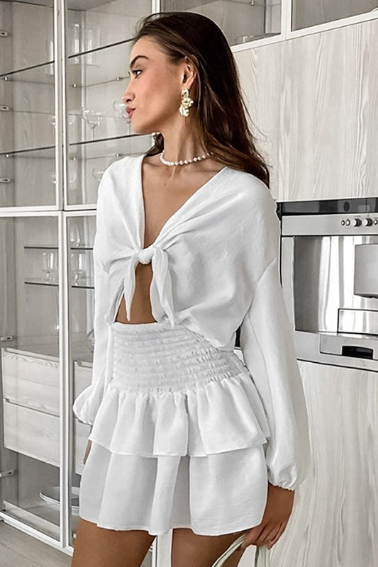 Tie Front Lantern Sleeve Crop Top Smocked Tiered Ruffle Skirt Set