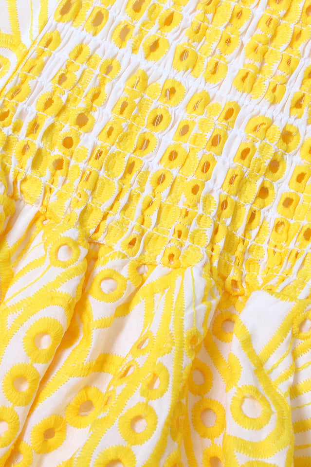 Eyelet Embroidery Spaghetti Strap Smocked Tiered Ruffle Hem Maxi Dress