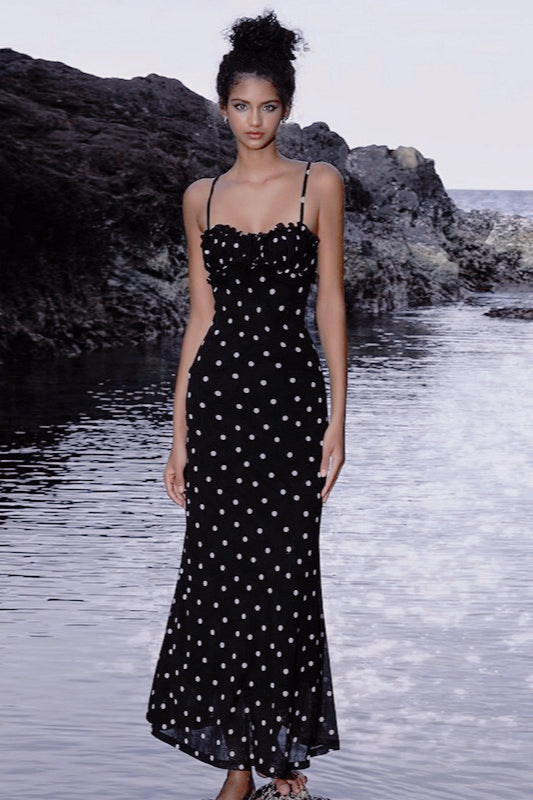Polka Dot Ruffle Neck Spaghetti Strap Bodycon Maxi Dress