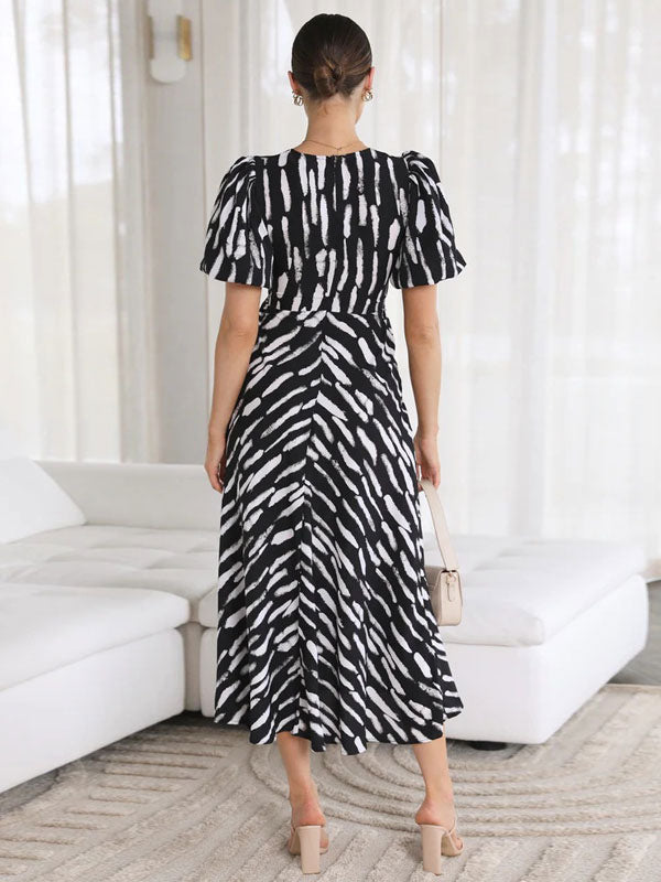 Print Midi Dress Printed Short Sleeves V-Neck Casual Cut Out Medium Summer Dresses