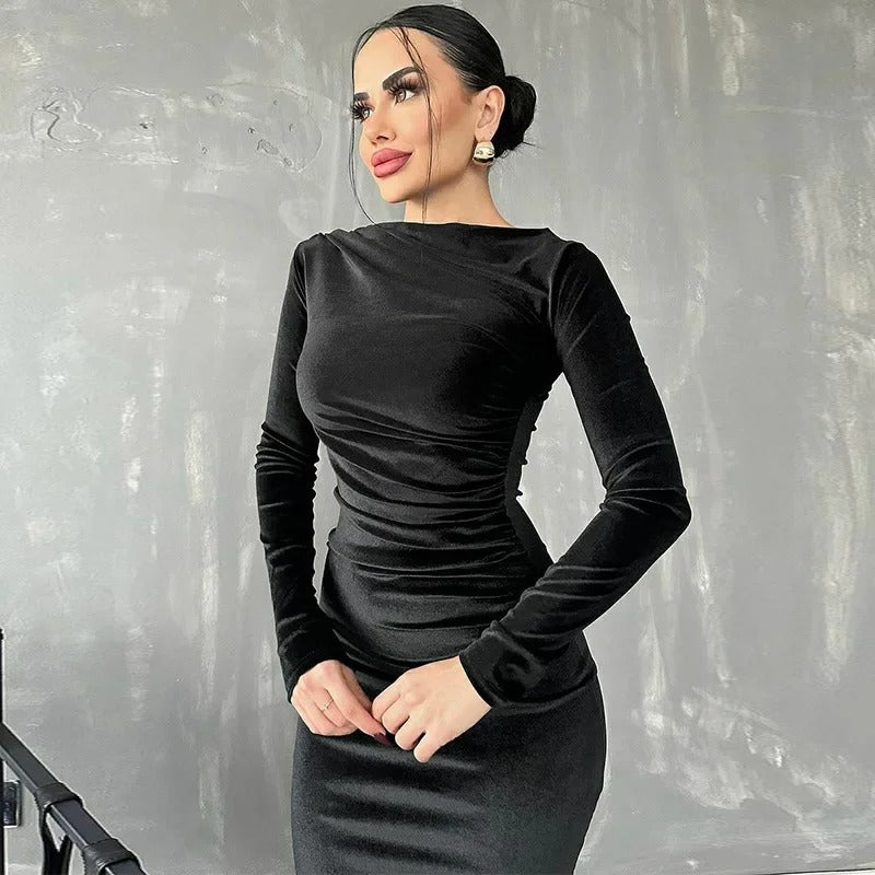 Velvet Ruched Side Drape Bateau Neck Long Sleeve Bodycon Midi Dress