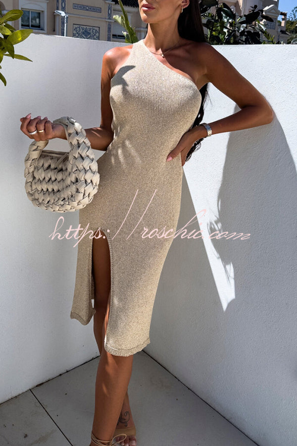 Heating Up The Hamptons Knit One Shoulder Slit Stretch Midi Dress