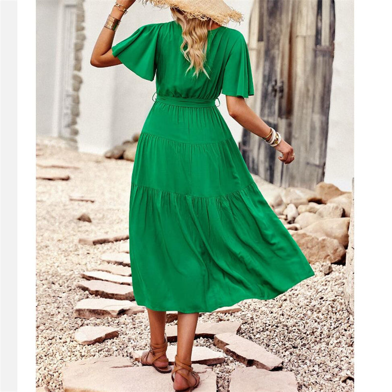 Solid Color High Waisted V-Neck Maxi Dress for All Occasions