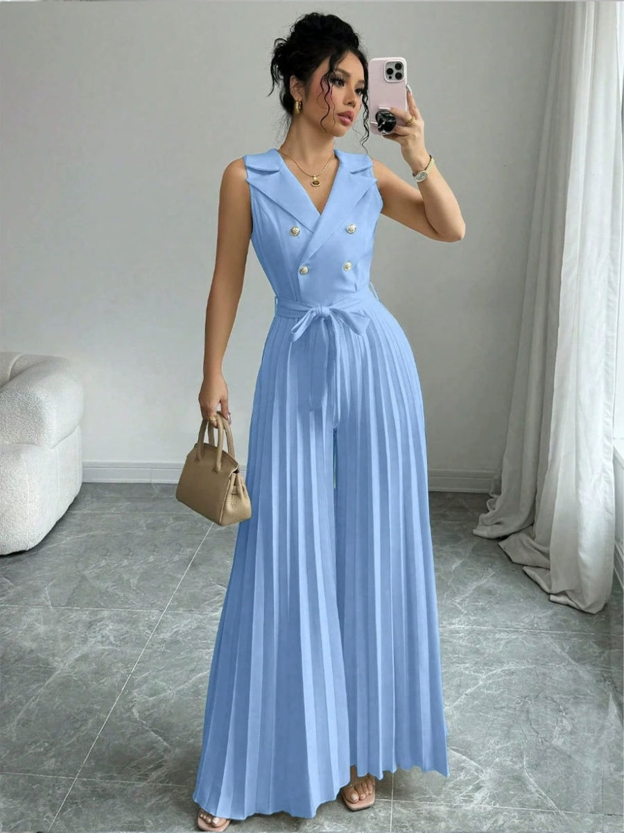 Commuting Suit Collar Pleated Pants Double-breasted Jumpsuits
