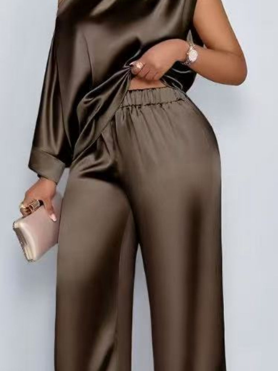 Satin Sloping Shoulders Short Sleeve Jacket Wide-leg Pants Set 2-piece Sets