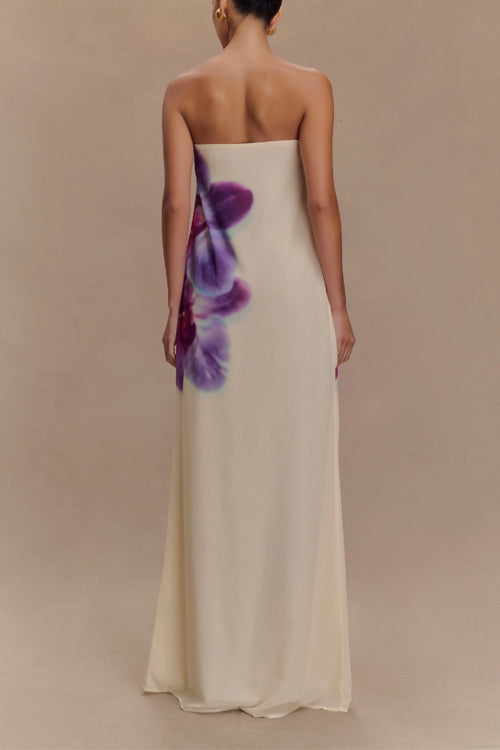 Margovil Elegant Strapless Floral Print Maxi Dress