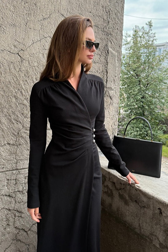 Ruched Wrap Surplice Long Sleeve Side Button Midi Dress
