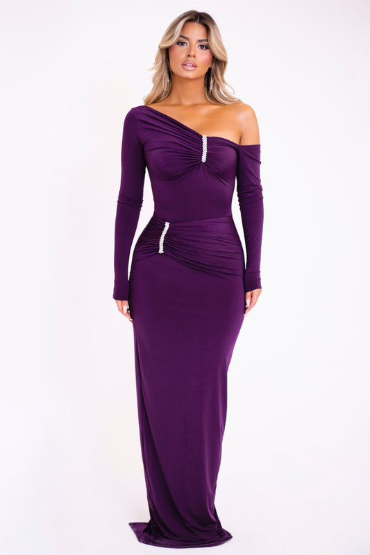 Jersey Off -Shoulder Rhinestone Midi Dress