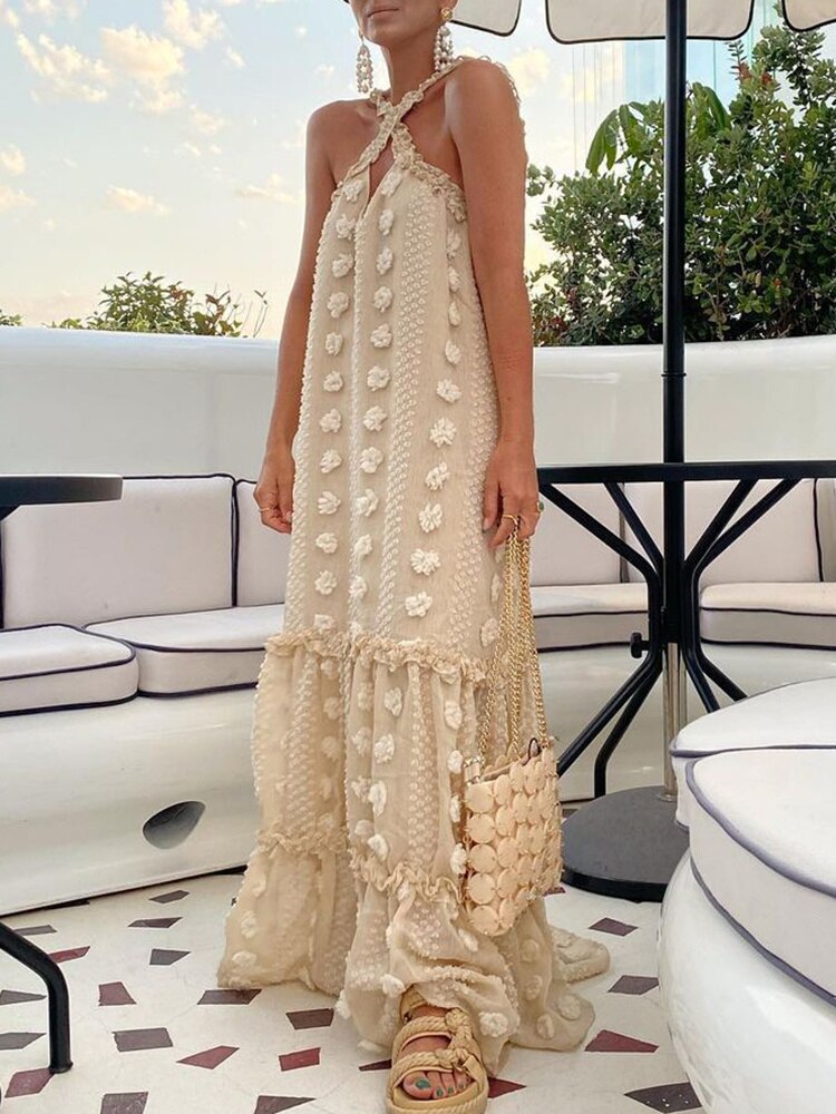 Halter Neck Crossfront Keyhole Tiered Pom Applique Embellished Maxi Dress