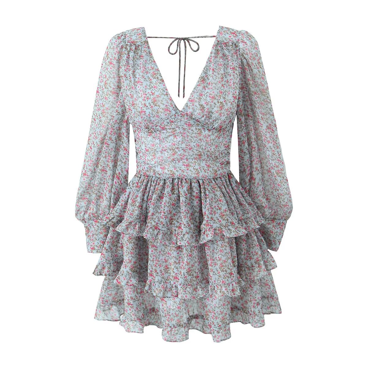 Early Spring Romantic Printed Sexy Backless V Neck Long Sleeve Princess Dress Short Dress – Floral Print Backless V Neck Mini Dress