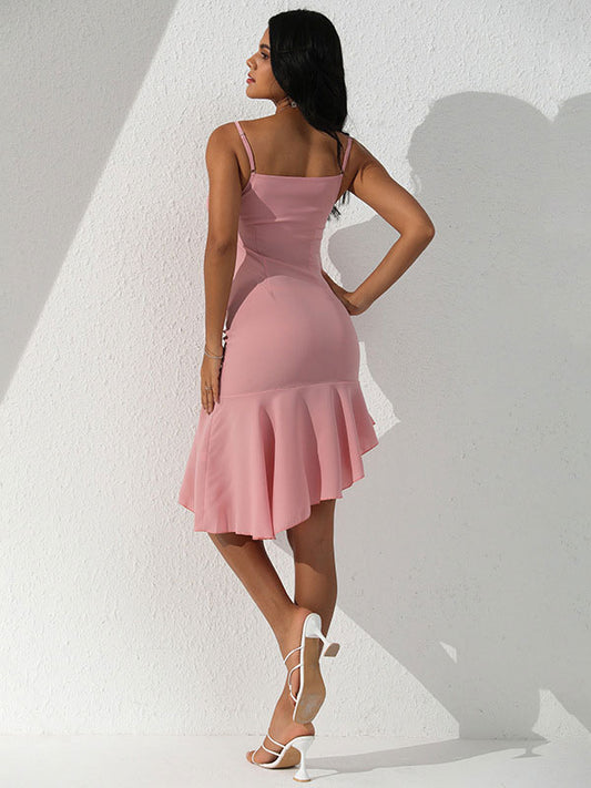 Party Dresses Pink Straps Neck Ruffles Chic Summer Midi Dress