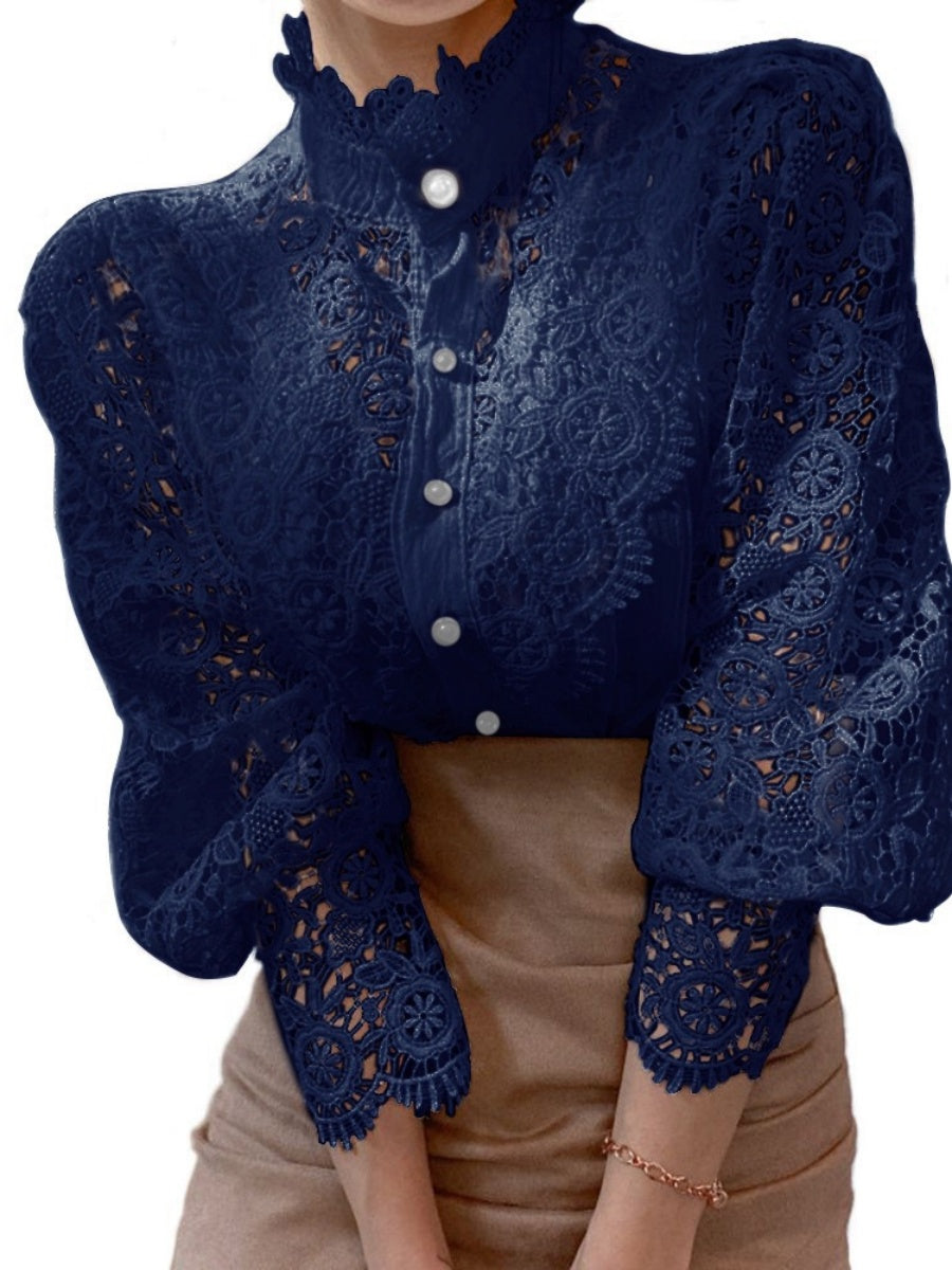 Button-up Lace Openwork Floral Patchwork Shirt