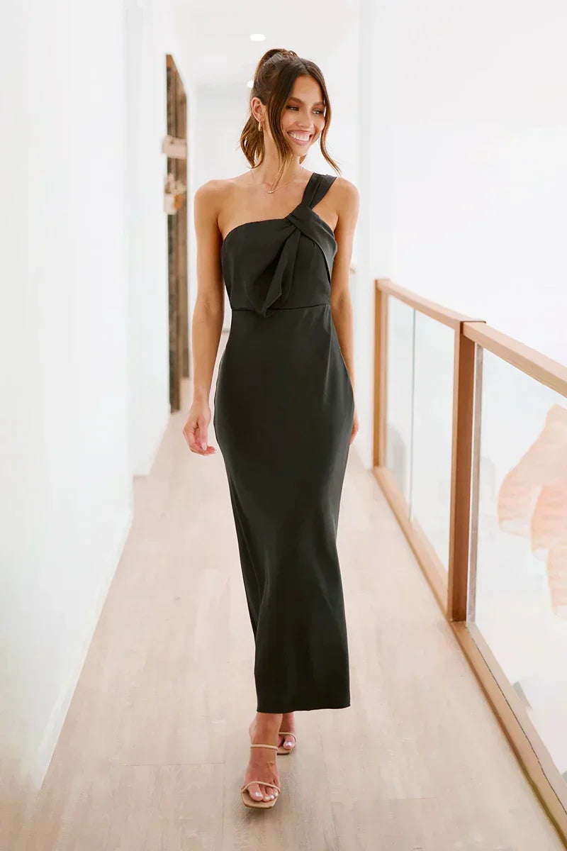 Satin One Shoulder Twisted Strap Draped Column Maxi Dress