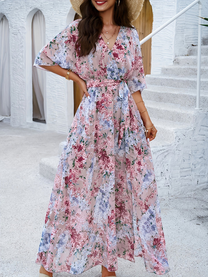 Floral Print Wrap V-Neck Flutter Sleeve Tie-Waist High Slit Maxi Dress