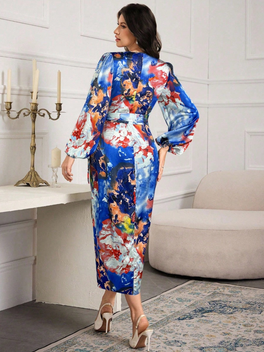 Printed V-neck Cardigan With Belt Midi Dresses