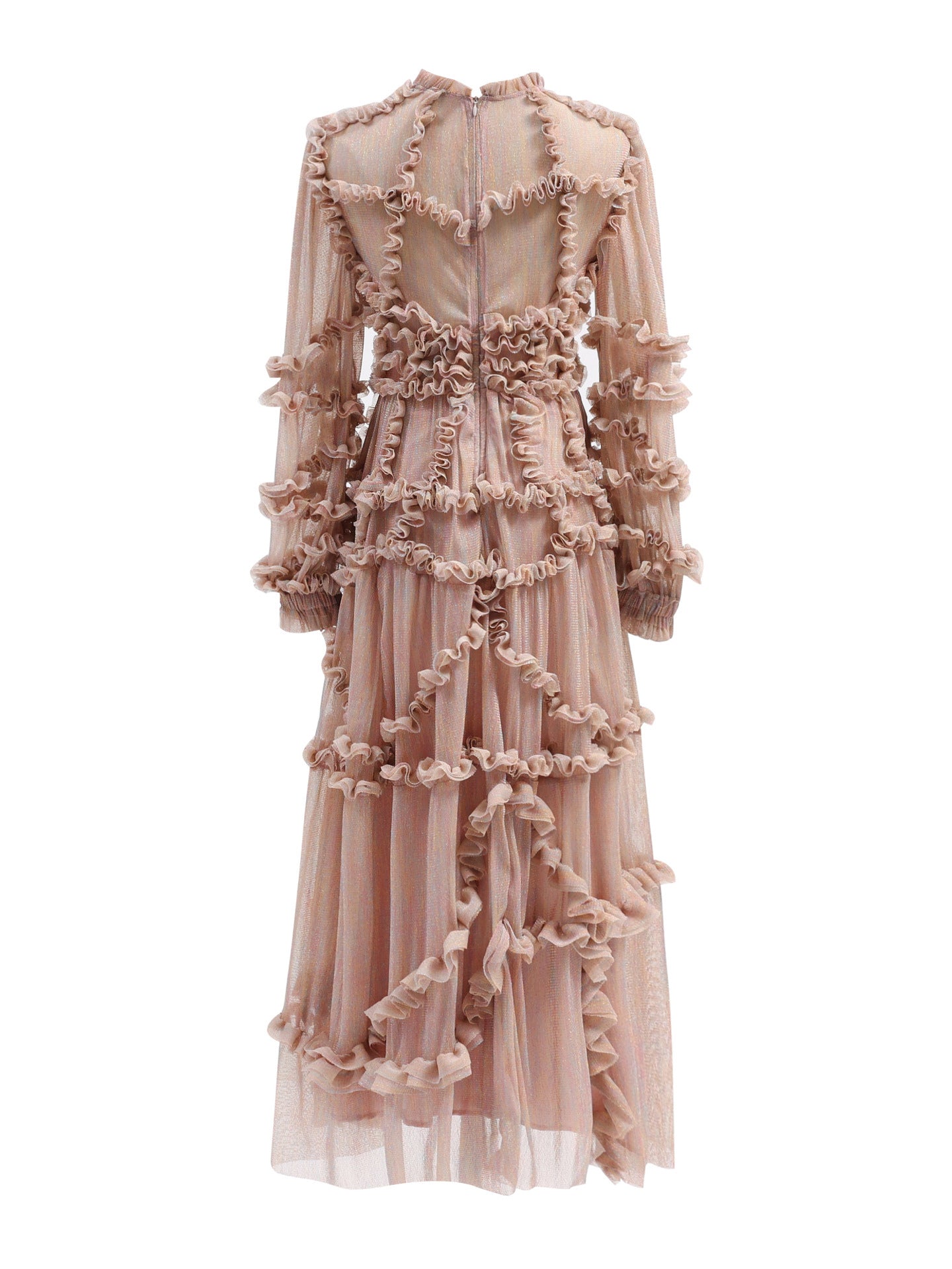Ruffles Dress Illusion Long Sleeves High Collar Tulle Party Maxi Dresses