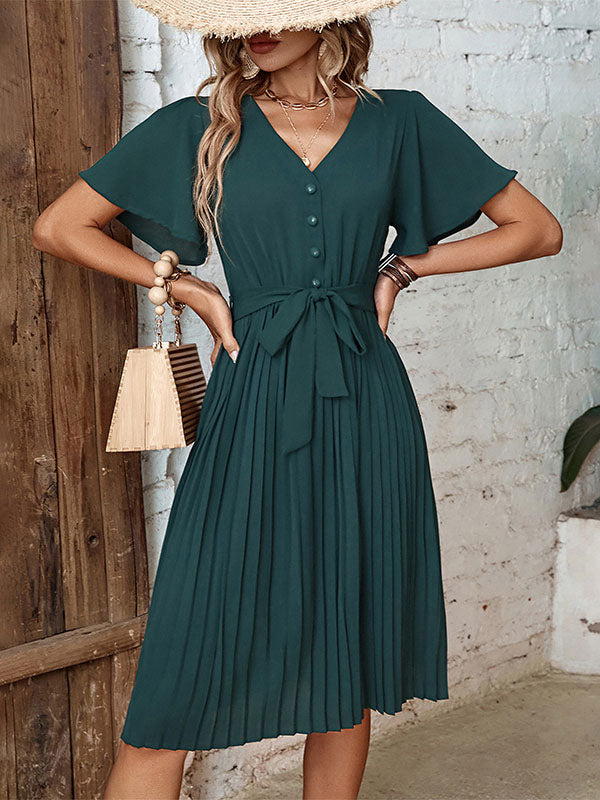 V-Neck Short Sleeves Midi Dress