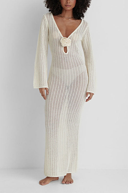 Margovil V Neck Long Sleeves Backless Crochet Hollow Out Knit Maxi Dress