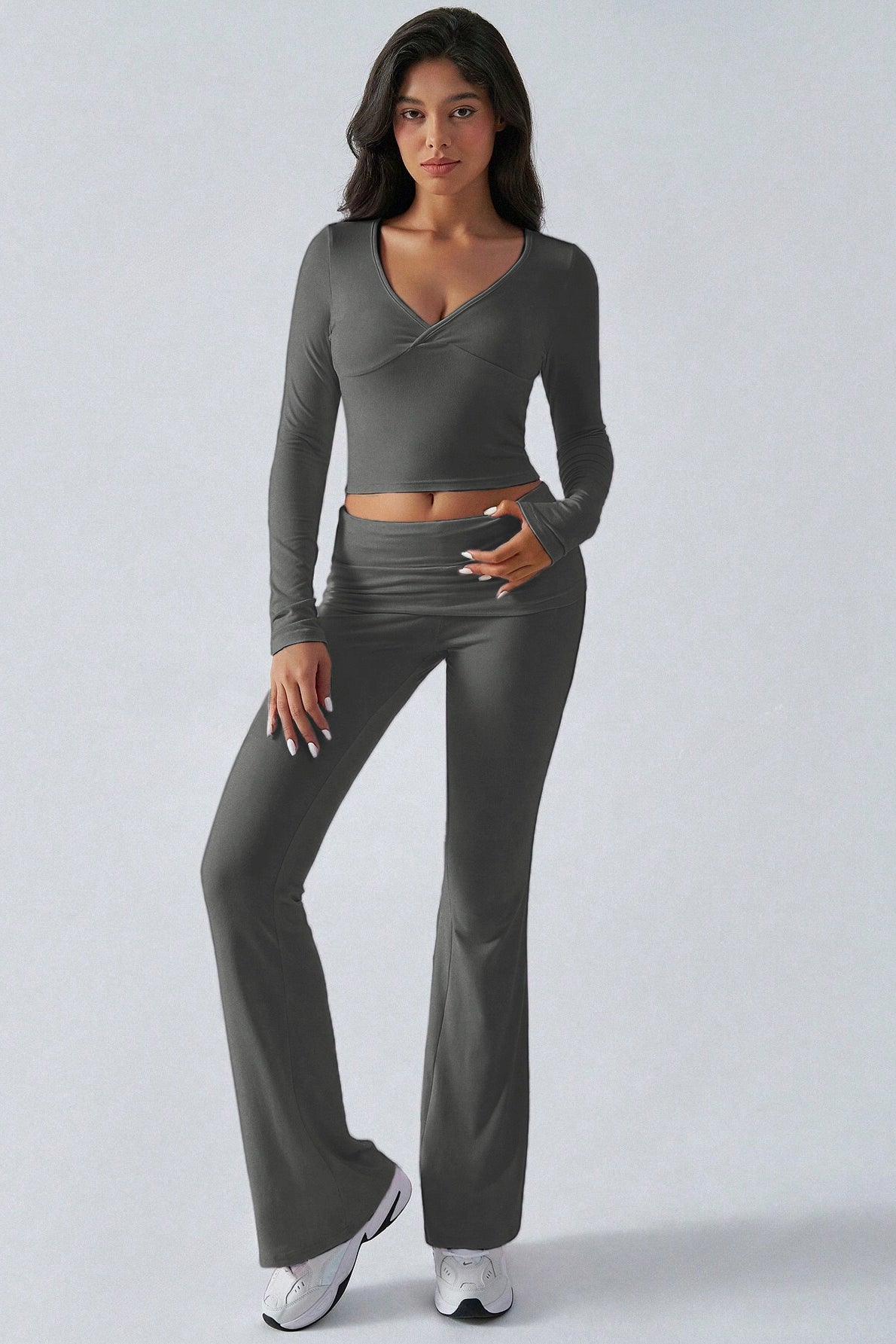 Casual V Neck Flared Stretch Two Piece Pants Set