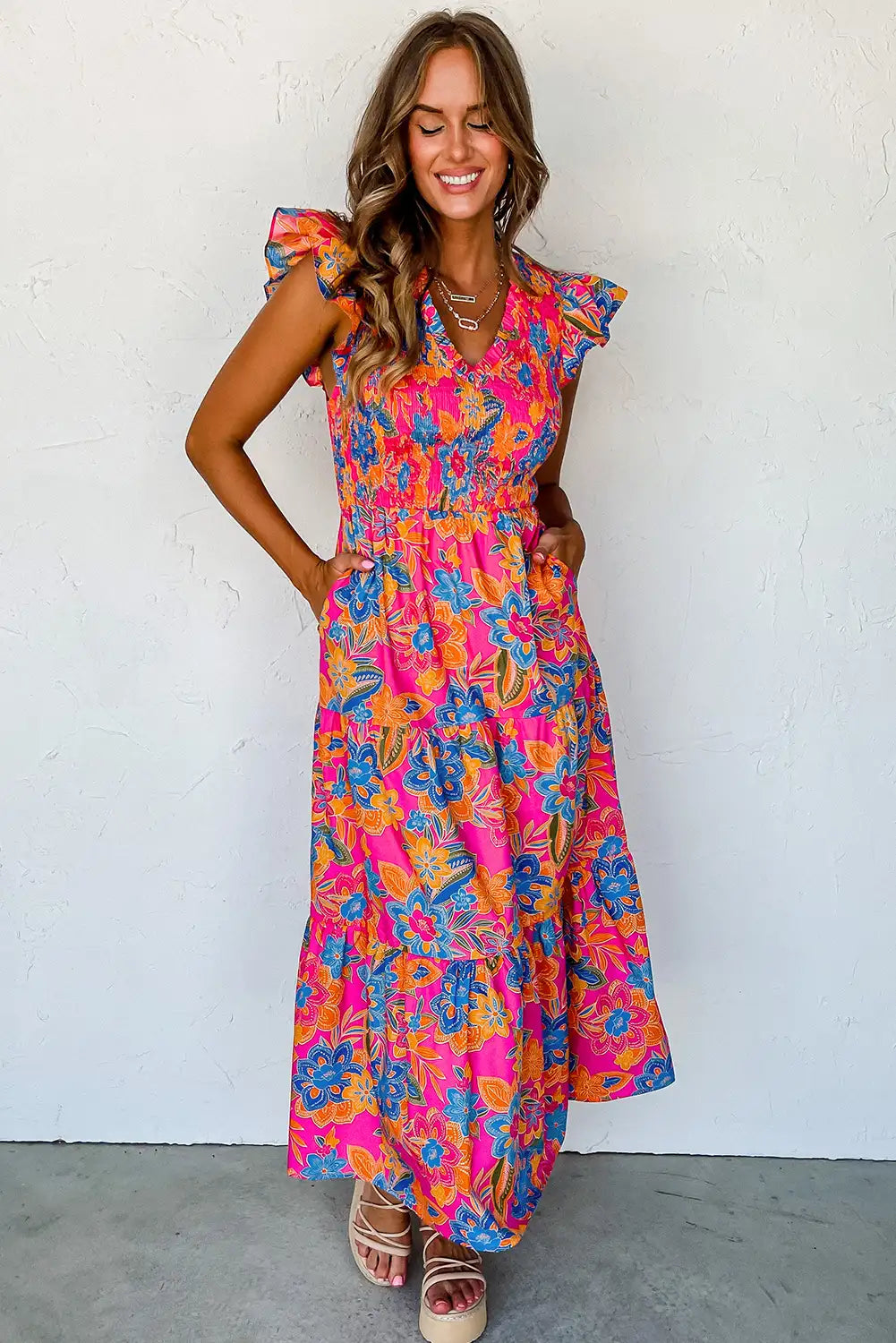 boho floral ruffle maxi dress rose red