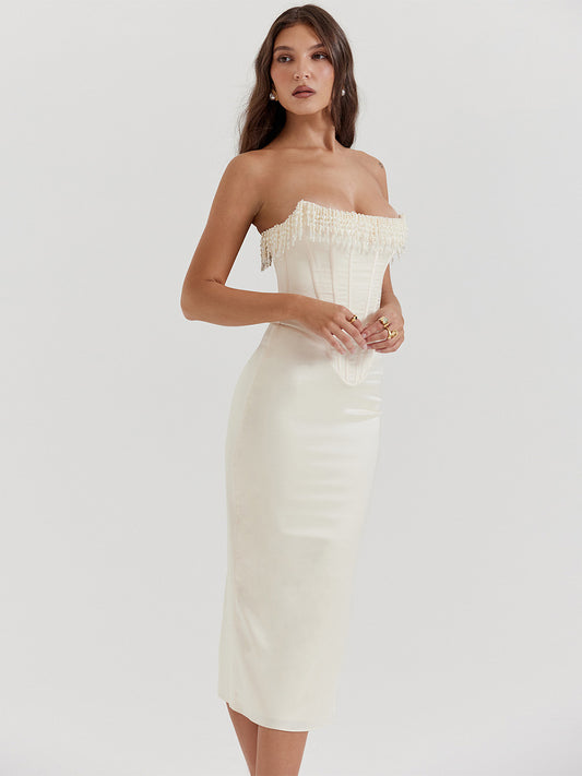 Corset Dress Fringe Pleated Lace-up Back Prom Birthday Party Midi Dresses