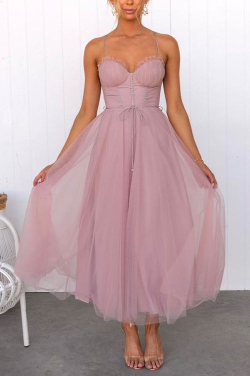 Margovil Backless Tie Waist Mesh Swing Maxi Cami Dress