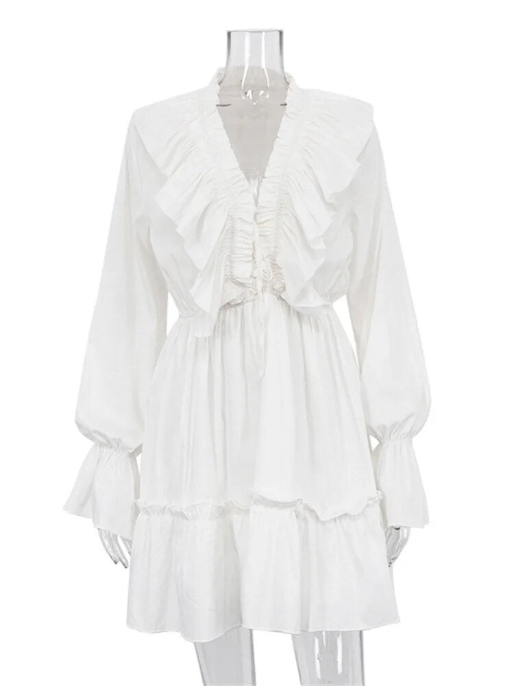 Tossy Ruffled V-Neck White Mini Dress – Long Sleeve Elegant Bandage Fashion Dress