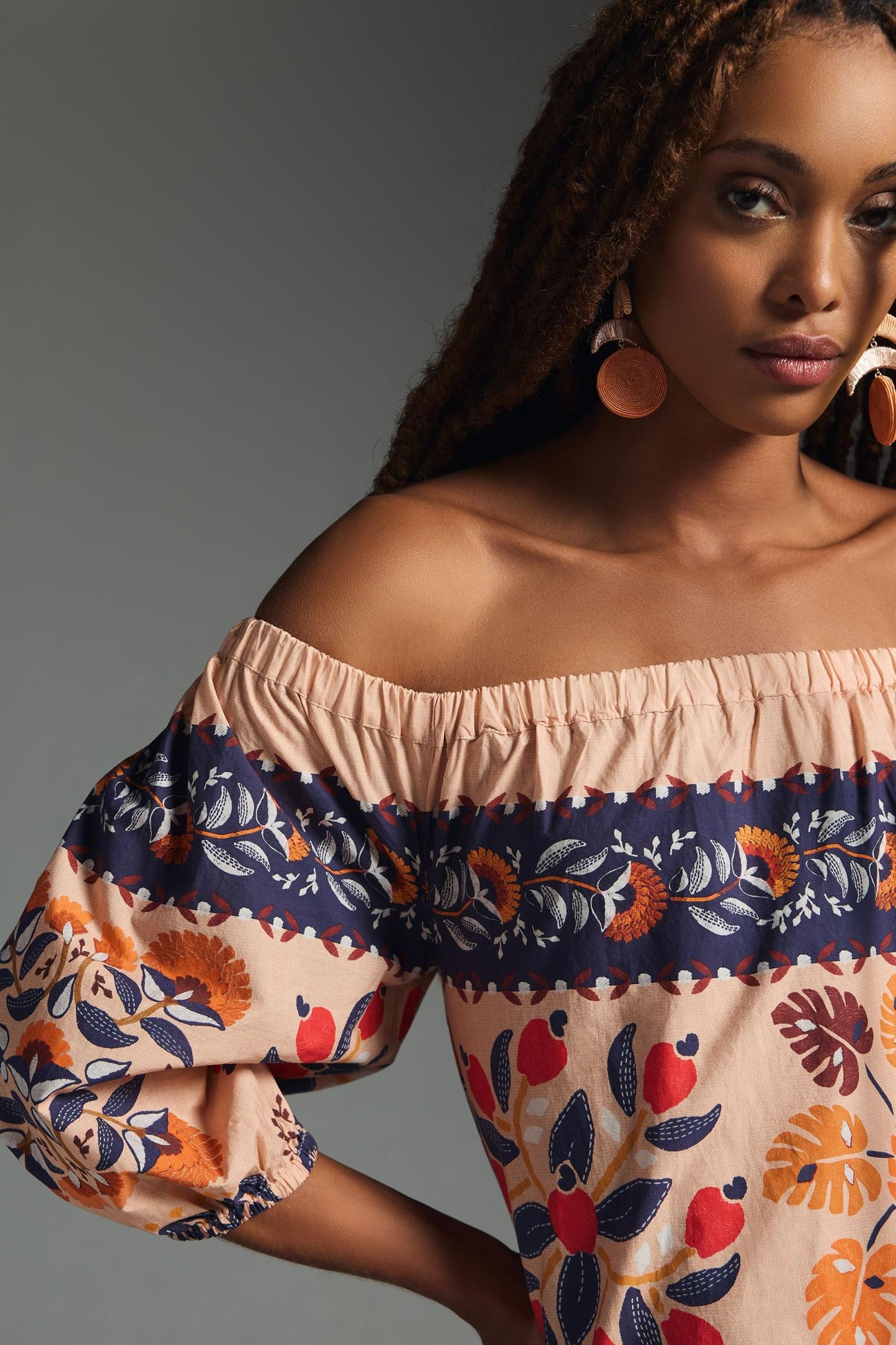 Botanical Print Off-Shoulder Midi Dress