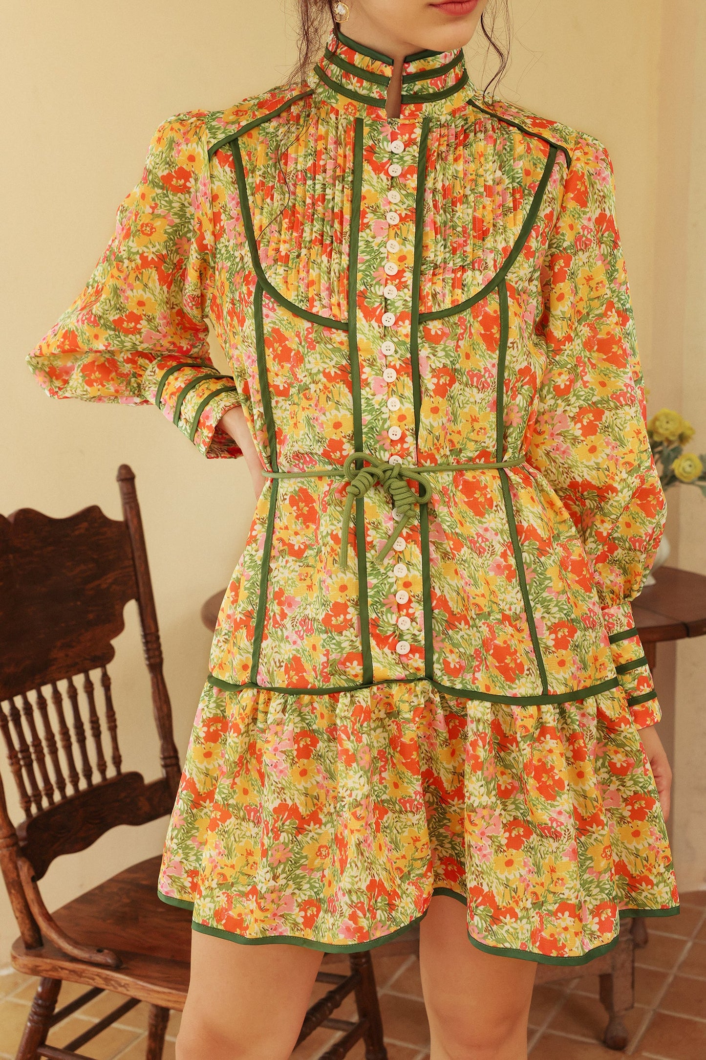 Floral Puff Long Sleeve High Collar Lace Up Ruffle Mini Dress