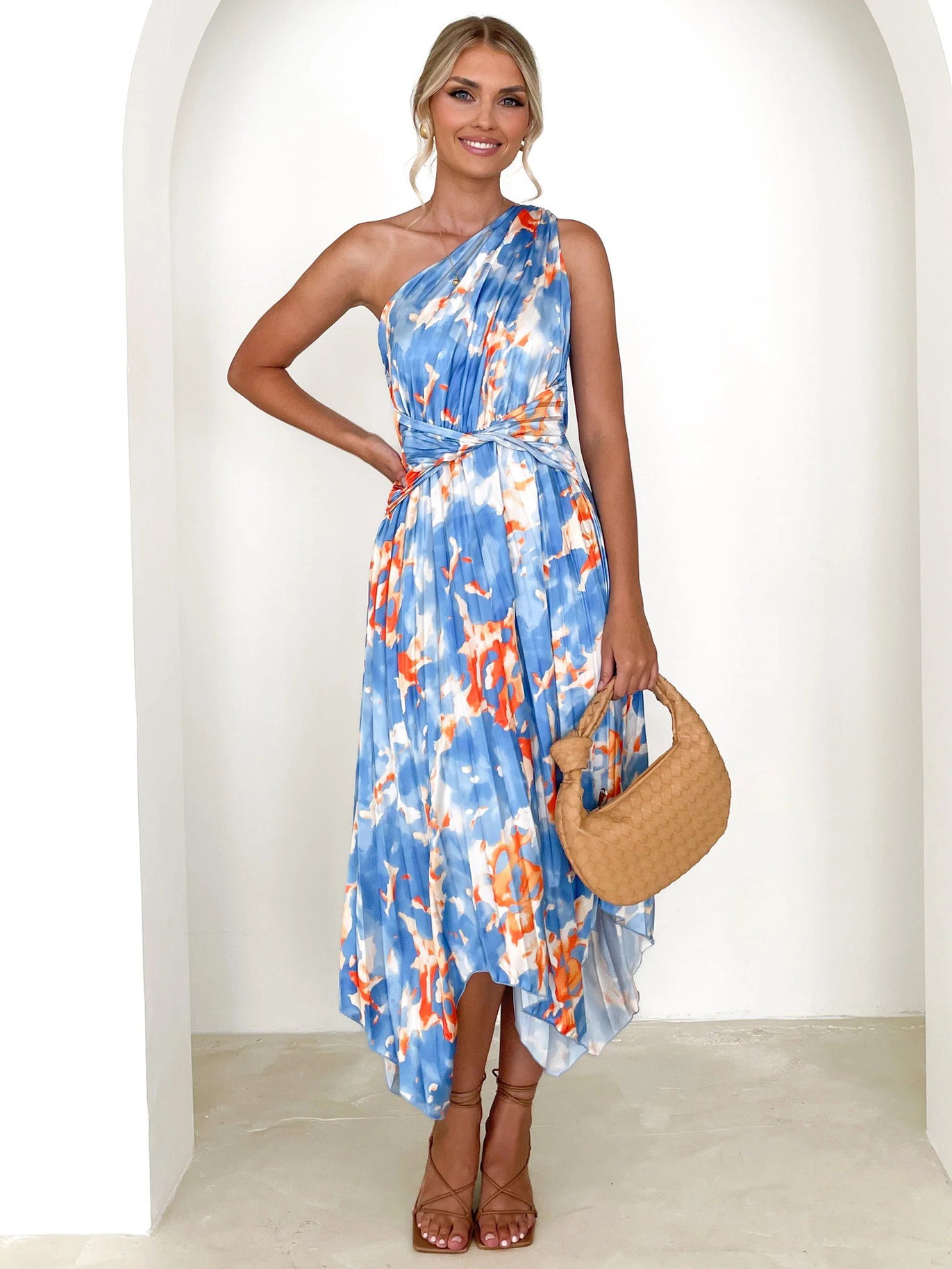 Summer Midi Dress Light Sky Blue Asymmetrical Neck Pleated Printed Spandex Beach Dress