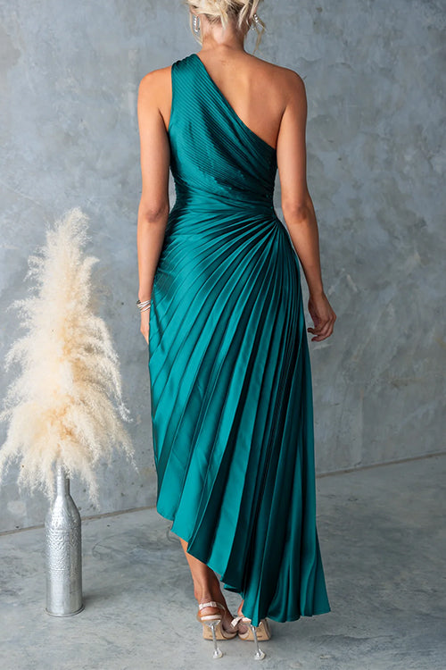 One Shoulder Cut Out Waist Pleated Satin Maxi Dress