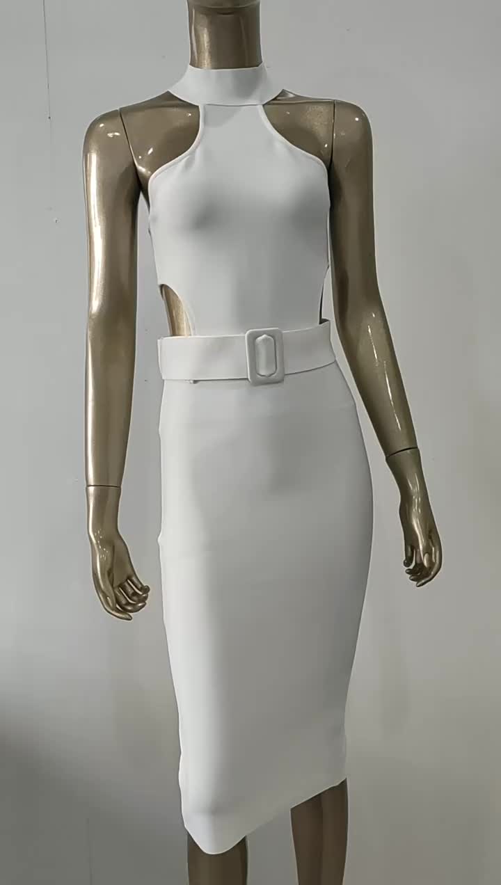 Textured Bodycon Dress Halter Sleeveless Cutout Velted Party Midi Dresses