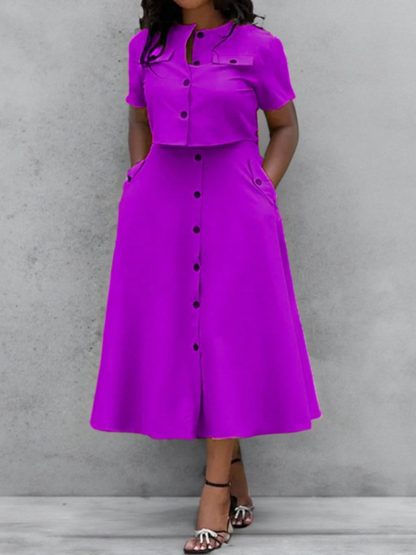 Button-down Shirt Pocket Long Skirt 2-piece Sets