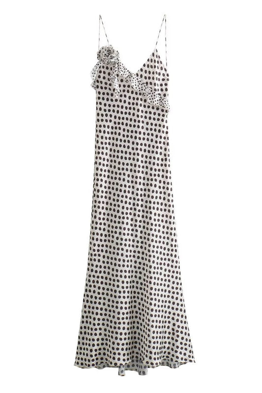 Polka Dot Print Deep V-Neck Asymmetric Ruffle Spaghetti Strap Bodycon Maxi Dress