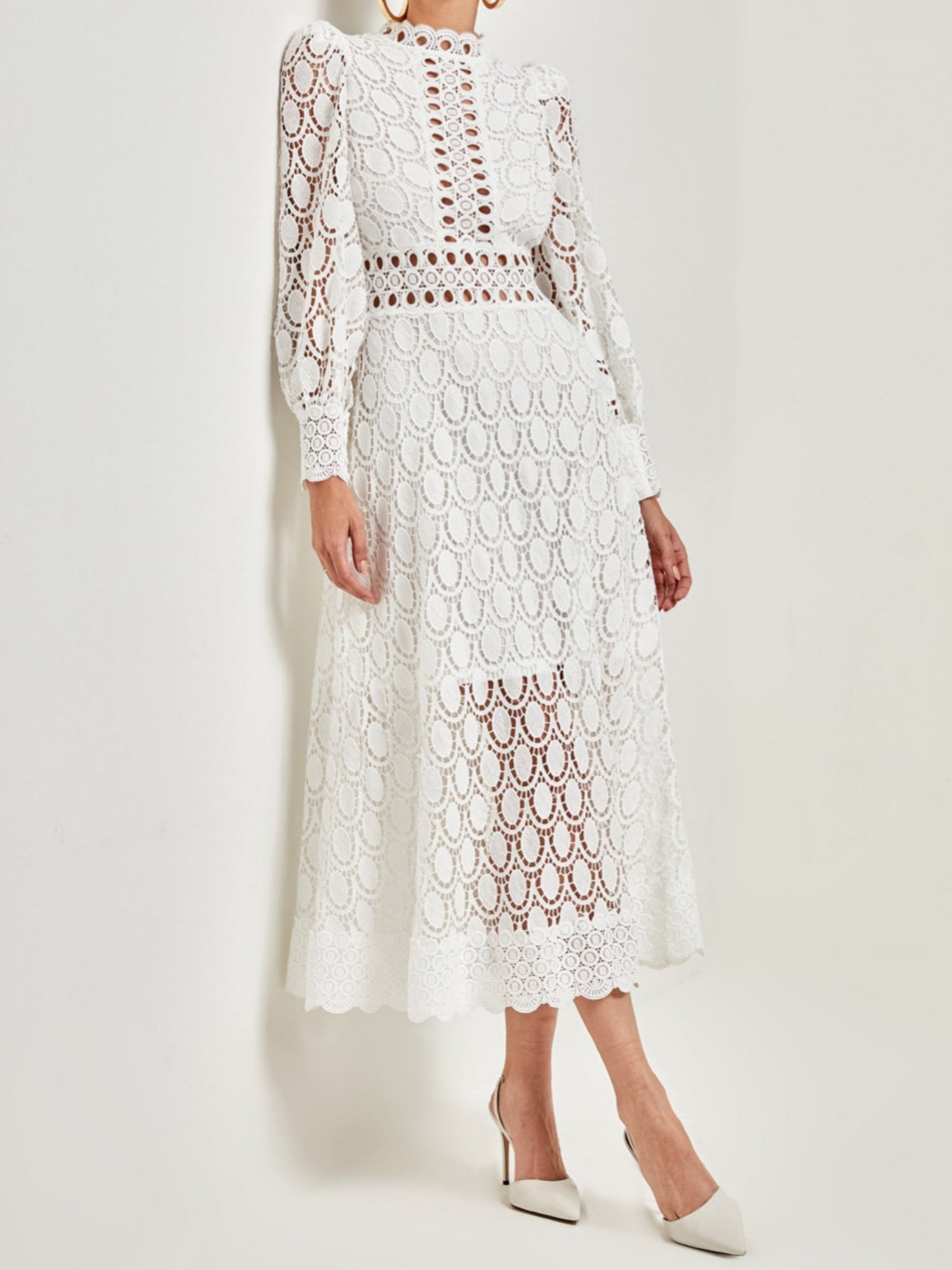 Lace Cutout Lace Patchwork Long-sleeved Long Dress