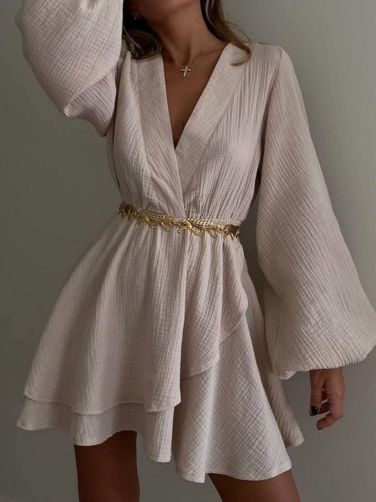 Chiffon V-neck Balloon Sleeve Sweet Mini&Short Dresses