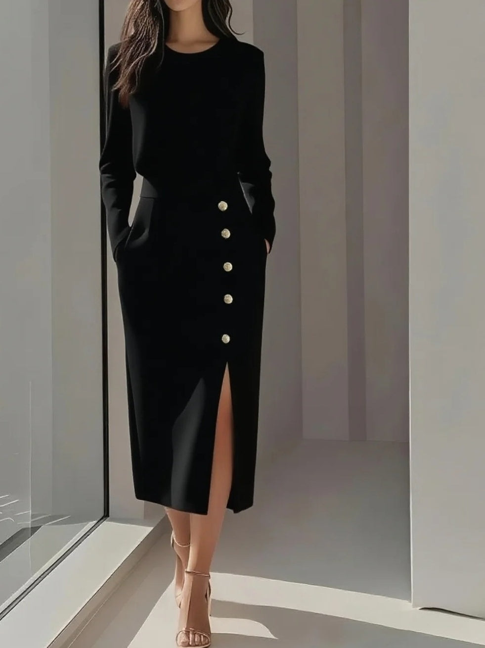 Long-sleeved, Solid Color, Round Neck, Fitted Waist, Button-down, Slit Midi Dress