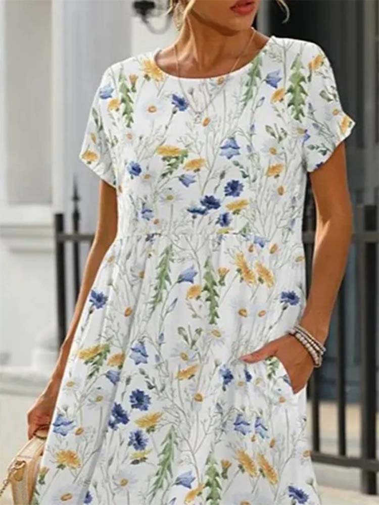 Crew Neck Short Sleeve Wildflower Print Pocket Babydoll Midi Dress
