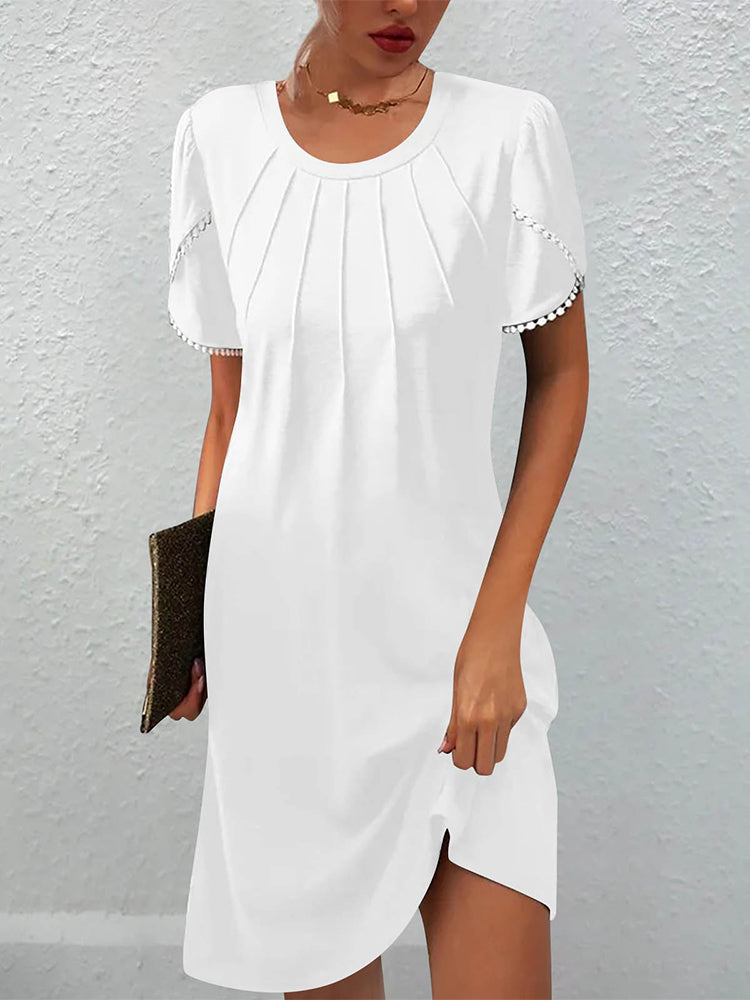 Round Neck Pintuck Pleated Flutter Sleeve Mini Dress