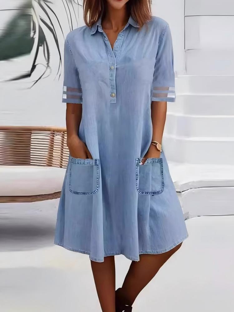 Mesh-paneled Solid Color Denim Short-sleeved Midi Dress