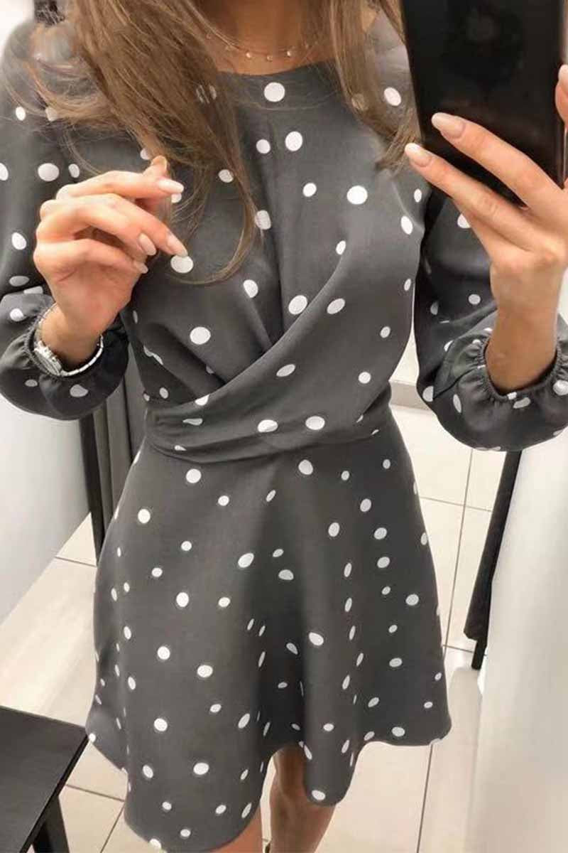 Polka Dot Round Neck Puff Sleeve Wrap Front Ruched Skater Mini Dress