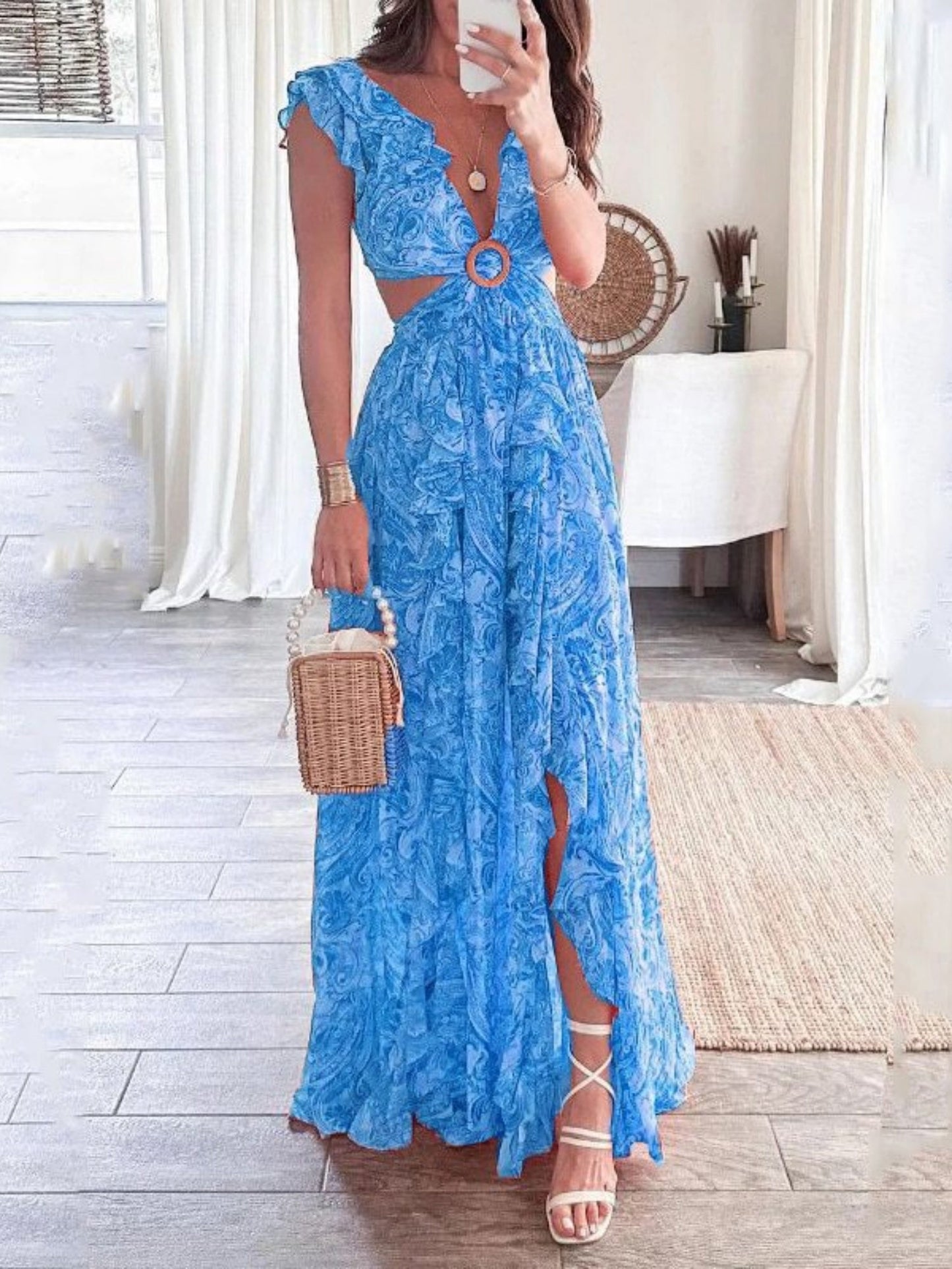 Printed Ruffle V-neck, Waist-revealing, Backless Slit Maxi Dresses