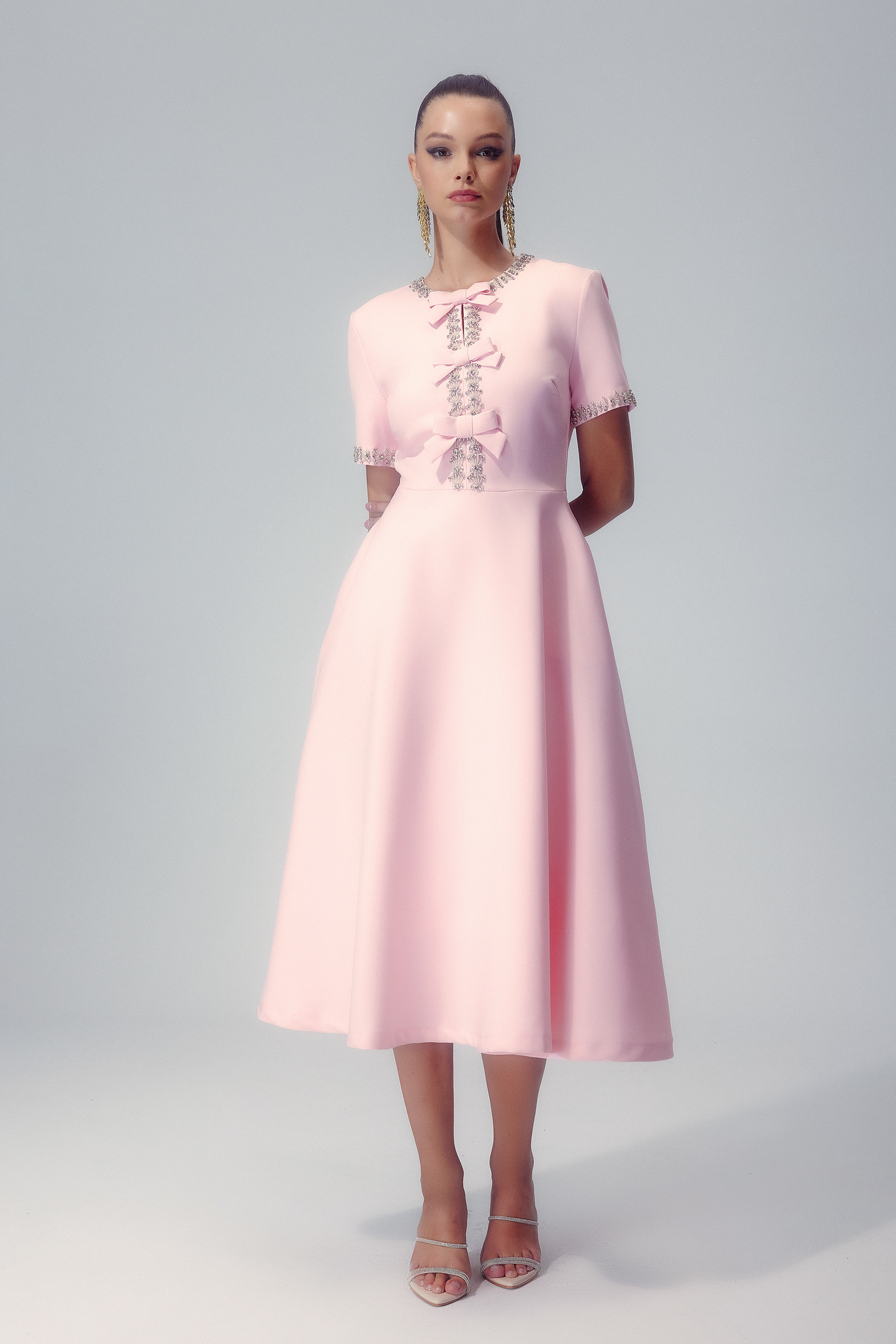 Rhinestone Trim Round Neck Bow Embellished Crystal Cuff A-Line Midi Dress