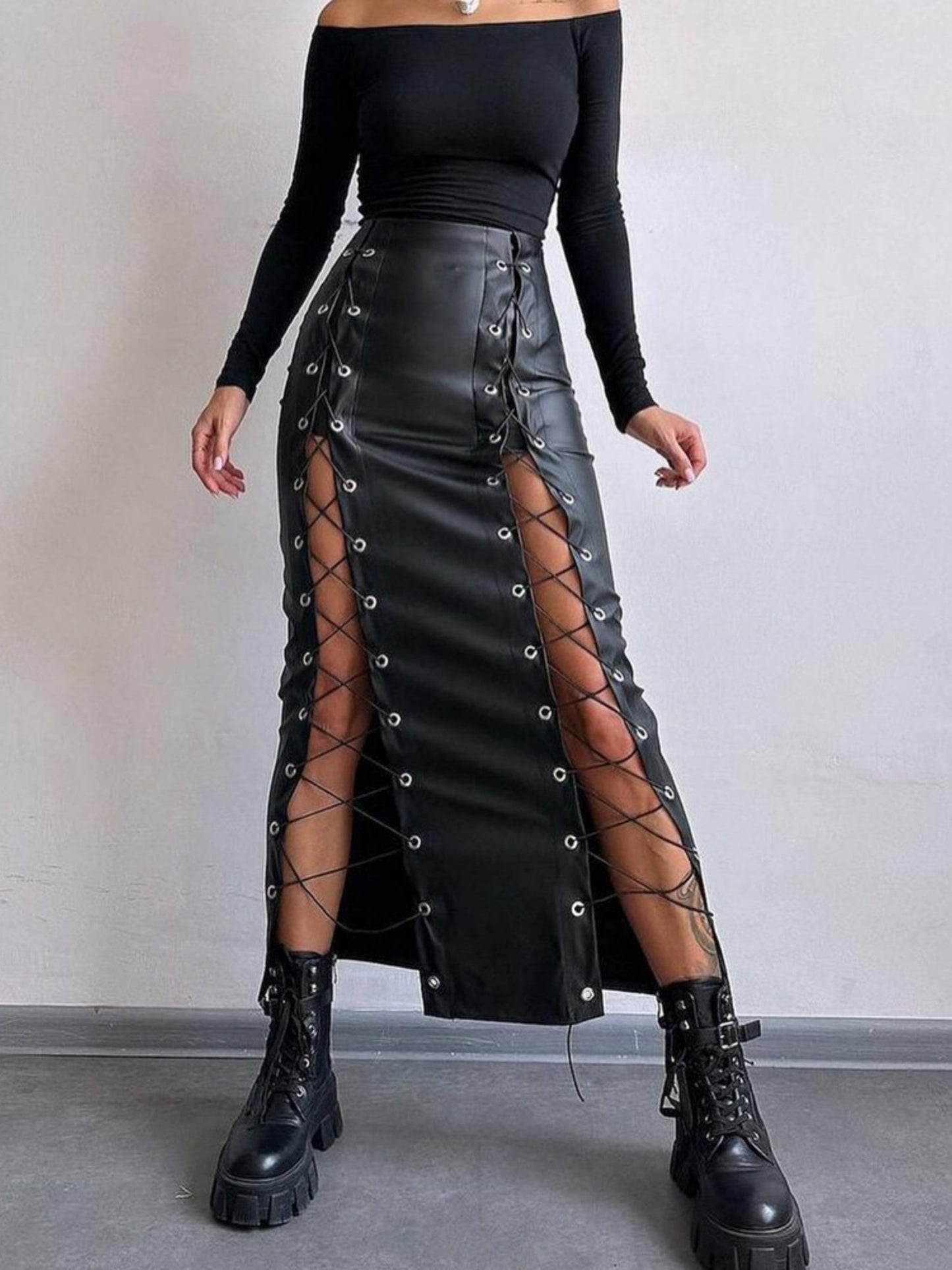 PU Leather Lace Up Slit Bodycon Skirt