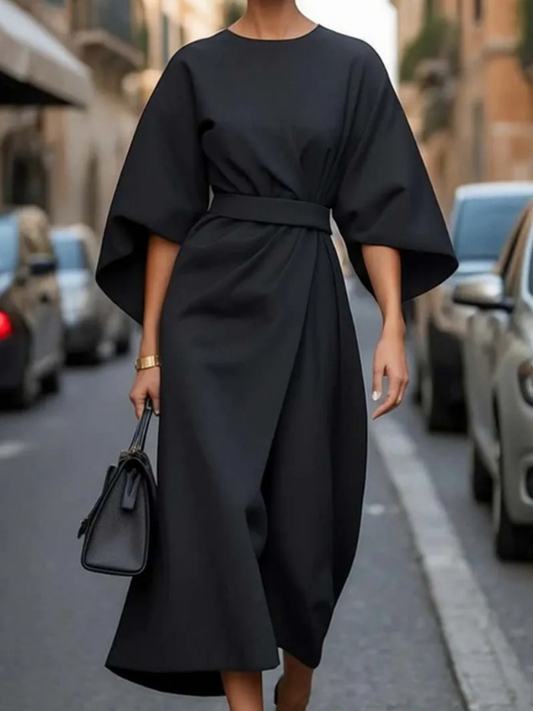 Solid Color Fitted Waist Dress, Casual Batwing Sleeve Long Skirt